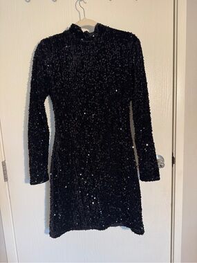 Aqua Black Velvety Long-Sleeve Mock Neck Sequin Mini Dress